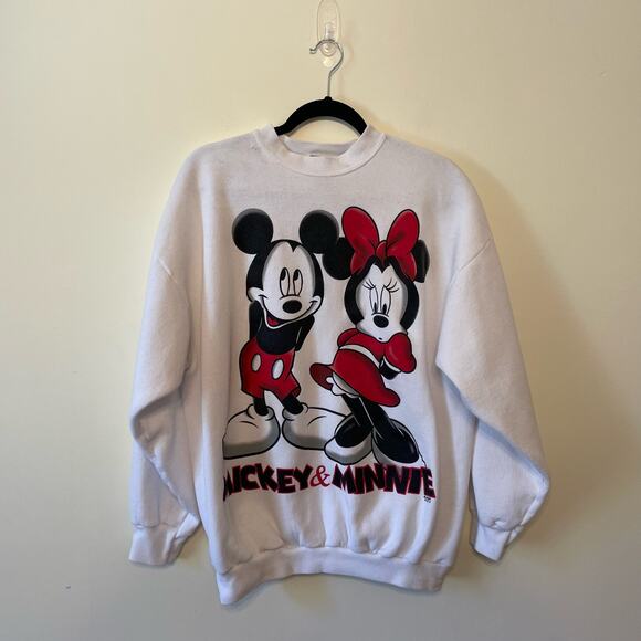 Disney Y2K Vintage XL Mickey & Minnie Mouse sweatshirt white airbrushed cozy - Picture 1 of 10